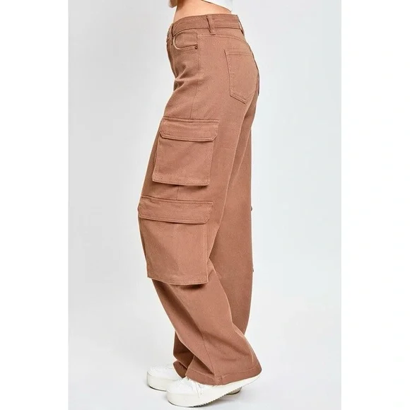 High Rise Double Cargo Pants brown with side pockets size 5 juniors - Picture 2 of 4